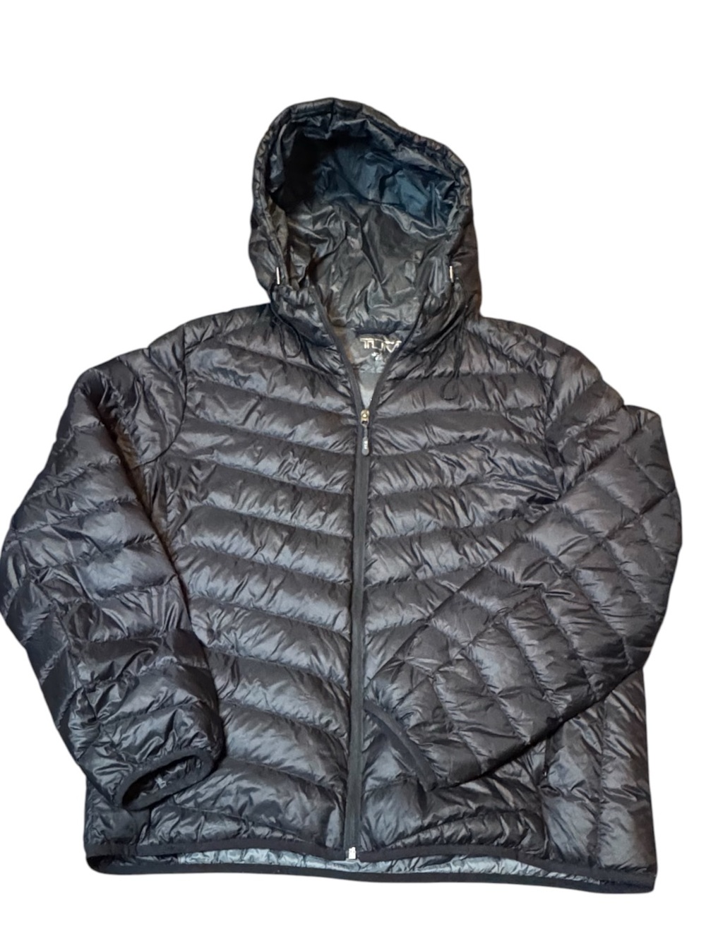 Tumi Packable Puffer Jacket Sz XL Lightweight Black Hooded Water Wind Resistant